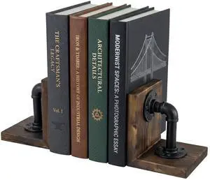Bookends for Shelves, Heavy Book Ends with Extended Metal Base, Wood Non Skid Book Stopper, Antique Steampunk Industrial Pipe Office Decor for Men, Dark Brown L-Shaped Bookends Holder for Shelf (Pair) Bookends for Shelves, Heavy Book Ends with Extended Metal Base, Wood Non Skid Book Stopper, Antique Steampunk Industrial Pipe Office Decor for Men, Dark Brown L-Shaped Bookends Holder for Shelf (Pair)