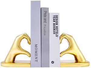 Gold Decorative Bookends for Shelves, Heart Hands Resin Sculpture with Non-Slip Felt Base, Modern Book Ends for Living Room, Bedroom and Office,Larger Size-10.43x3.93x5.51 Gold Decorative Bookends for Shelves, Heart Hands Resin Sculpture with Non-Slip Felt Base, Modern Book Ends for Living Room, Bedroom and Office,Larger Size-10.43x3.93x5.51