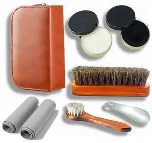 Shoe Care Kit,includes a Medium Horsehair Shoe Brush, a Long-Handled Round Brush, White Shoe Polish, a Black Shoe Polish, a Polishing Cloth, a Shoe Horn, and a Storage Box. Shoe Care Kit,includes a Medium Horsehair Shoe Brush, a Long-Handled Round Brush, White Shoe Polish, a Black Shoe Polish, a Polishing Cloth, a Shoe Horn, and a Storage Box.