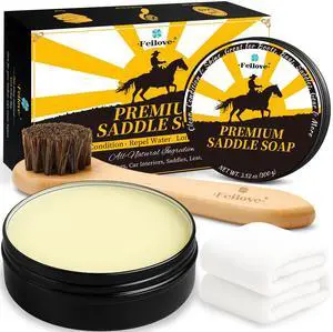 Saddle Soap for Leather All-Natural 3-in-1 Leather Cleaner & Conditioner Kit with Horsehair Brush & Cloth For Boots, Bags, Saddles, Car Interiors, Shoes 3.52oz Saddle Soap for Leather All-Natural 3-in-1 Leather Cleaner & Conditioner Kit with Horsehair Brush & Cloth For Boots, Bags, Saddles, Car Interiors, Shoes 3.52oz