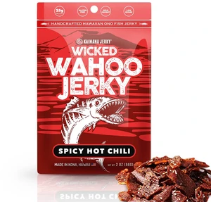 Wahoo Ono Fish Jerky - Organic Smoked Fish Strips, Sweet & Hot Umami Flavor, Rich in Omega-3 & Protein, Low-Calorie, Low Sodium & Sugar - 2oz by Kaimana Jerky Wahoo Ono Fish Jerky - Organic Smoked Fish Strips, Sweet & Hot Umami Flavor, Rich in Omega-3 & Protein, Low-Calorie, Low Sodium & Sugar - 2oz by Kaimana Jerky