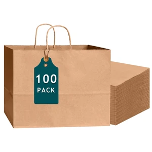 100-Pack Wide Large Size Paper Bags With Handles Bulk 12.6"x4.3"x10" Brown Party Kraft Shopping Bags 100-Pack Wide Large Size Paper Bags With Handles Bulk 12.6"x4.3"x10" Brown Party Kraft Shopping Bags