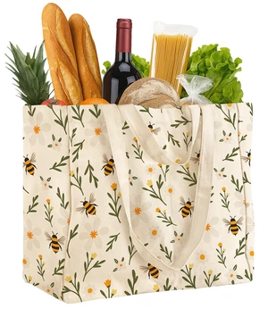 Extra Large Canvas Grocery Tote Bag, Wild Flowers & Bee, 1-pack | 6 Inner Pockets, 2 Handle Straps, Reusable Washable Foldable Shopping Shoulder Bag Extra Large Canvas Grocery Tote Bag, Wild Flowers & Bee, 1-pack | 6 Inner Pockets, 2 Handle Straps, Reusable Washable Foldable Shopping Shoulder Bag