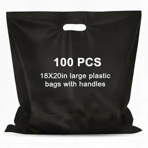 100 Pcs 18"x20" Black Plastic Bags with Handles Large Merchandise Shopping Bags for Small Business, Retail, Boutique Stores, Gifts 100 Pcs 18"x20" Black Plastic Bags with Handles Large Merchandise Shopping Bags for Small Business, Retail, Boutique Stores, Gifts