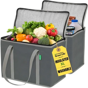 (2-Pack) - Heavy Duty Reusable Cooler Bags (Gray) | Hard bottom prevents sagging and keeps groceries in place. Stands upright in car trunks. Zippered top keeps contents secure. (2-Pack) - Heavy Duty Reusable Cooler Bags (Gray) | Hard bottom prevents sagging and keeps groceries in place. Stands upright in car trunks. Zippered top keeps contents secure.