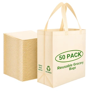 50 Pack Reusable Grocery Bags, Large Tote Bags Bulk, Cream | 14.5"x14"x6.6" Heavy Duty Non-woven Custom Shopping Bags with Handles, Foldable, Washable for Groceries and Commercial use 50 Pack Reusable Grocery Bags, Large Tote Bags Bulk, Cream | 14.5"x14"x6.6" Heavy Duty Non-woven Custom Shopping Bags with Handles, Foldable, Washable for Groceries and Commercial use