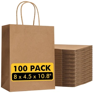 100 Pack Brown Kraft Gift Paper Bags with Handles 8x4.5x10.8 in | Recycled Paper, Reinforced Handles, for Retail, Party, Shopping, Favors, Gift Bags, Gift Giving, Eco-Friendly 100 Pack Brown Kraft Gift Paper Bags with Handles 8x4.5x10.8 in | Recycled Paper, Reinforced Handles, for Retail, Party, Shopping, Favors, Gift Bags, Gift Giving, Eco-Friendly