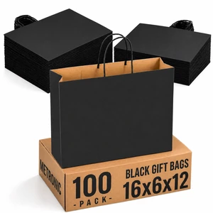 Large Black Paper Bags With Handles 16x6x12 Inch 100 Pack, | Heavy Duty Shopping Bag Craft Bulk, Kraft Gift Bags Recycled for Merchandise,Takeout, Retail, Party Favors&Grocery Large Black Paper Bags With Handles 16x6x12 Inch 100 Pack, | Heavy Duty Shopping Bag Craft Bulk, Kraft Gift Bags Recycled for Merchandise,Takeout, Retail, Party Favors&Grocery