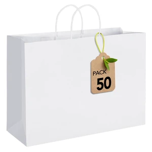 50 Pack Large White Paper Bags with Handles, 16x6x12 Inch Kraft Gift Sacks Bulk for Small Business, Retail, Shopping, Grocery, Food Service Take Out, Party Favors 50 Pack Large White Paper Bags with Handles, 16x6x12 Inch Kraft Gift Sacks Bulk for Small Business, Retail, Shopping, Grocery, Food Service Take Out, Party Favors