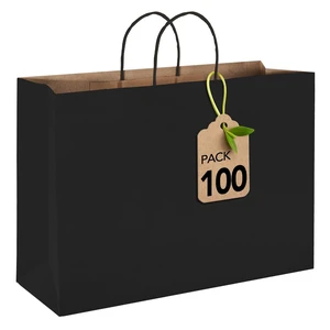 Large Black Kraft Paper Gift Bags With Handles,16x6x12 Inch 100pcs | Bulk Recycled Shopping Bags Reusable for Business Merchandise Retail, Party Favors & Grocery Packaging Large Black Kraft Paper Gift Bags With Handles,16x6x12 Inch 100pcs | Bulk Recycled Shopping Bags Reusable for Business Merchandise Retail, Party Favors & Grocery Packaging