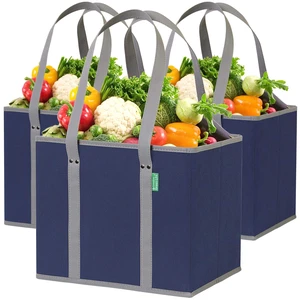 (3 Pack) Heavy Duty Shopping Bags, Blue | Large box shaped totes stand up and stay open while loading, foldable for storage, long handles, hard flat bottom (3 Pack) Heavy Duty Shopping Bags, Blue | Large box shaped totes stand up and stay open while loading, foldable for storage, long handles, hard flat bottom