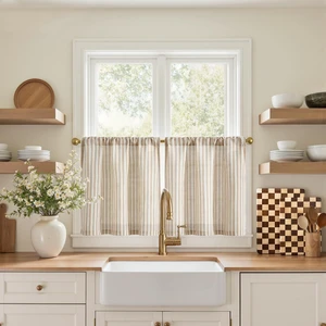 Striped Linen Kitchen Tier Curtains, 20 Inch, Tan, 2 Panels | Cafe curtains, light-filtering, linen blend, rod pocket, farmhouse, for kitchens, bathrooms, laundry rooms and small windows Striped Linen Kitchen Tier Curtains, 20 Inch, Tan, 2 Panels | Cafe curtains, light-filtering, linen blend, rod pocket, farmhouse, for kitchens, bathrooms, laundry rooms and small windows