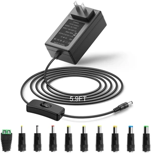 12V 3A Power Supply AC Adapter 36W Charger with On/Off Switch 5.9FT | AC 100V-240V to DC 12Volt 3Amp Power Cord with 10 Tips,5.5x2.5mm Center Positive,Works for Security Camera LED Strip Light 12V 3A Power Supply AC Adapter 36W Charger with On/Off Switch 5.9FT | AC 100V-240V to DC 12Volt 3Amp Power Cord with 10 Tips,5.5x2.5mm Center Positive,Works for Security Camera LED Strip Light