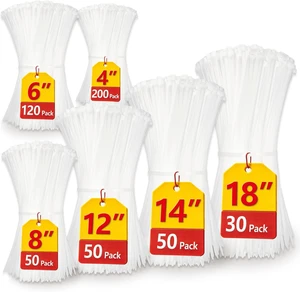 White Zip Ties Assorted Sizes(4+6+8+12+14+18) 500 Pack Clear Zip Ties White Cable Ties Wire Ties Zipties Clear White Zip Ties Assorted Sizes(4+6+8+12+14+18) 500 Pack Clear Zip Ties White Cable Ties Wire Ties Zipties Clear
