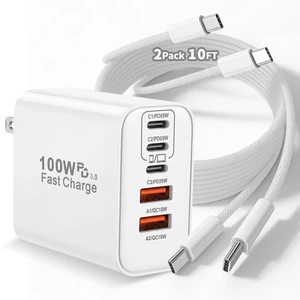 100W USB C iPhone 17 16 15 Charger Fast Charging 2-Pack 10Foot Type C Woven Cable and 1-Pack 5-Port i Phone Charger Fast Charging Block for iPhone 17 Pro/17 Pro Max/Air/16 Pro Max/15 Plus/iPad Pro/Air 100W USB C iPhone 17 16 15 Charger Fast Charging 2-Pack 10Foot Type C Woven Cable and 1-Pack 5-Port i Phone Charger Fast Charging Block for iPhone 17 Pro/17 Pro Max/Air/16 Pro Max/15 Plus/iPad Pro/Air