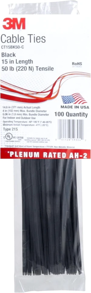 Cable Tie CT15BK50-C 15 in 50 lb Tensile Strength Black Bag of 100 Cable Tie CT15BK50-C 15 in 50 lb Tensile Strength Black Bag of 100