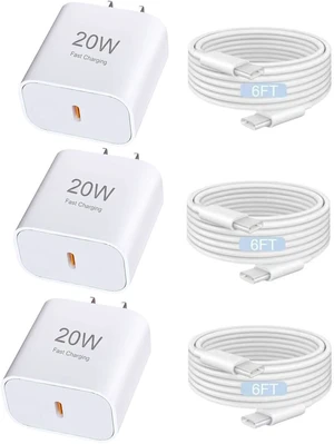 USB C Charger for iPhone Charger 20W 3-Piece Set with 3 6-Foot USB c Cable Compatible with iPhone 17/17 Plus/17 Pro/17 Pro Max/16/16 Plus/16 Pro Max/15/15 Plus/15 Pro/15 Pro Max USB C Charger for iPhone Charger 20W 3-Piece Set with 3 6-Foot USB c Cable Compatible with iPhone 17/17 Plus/17 Pro/17 Pro Max/16/16 Plus/16 Pro Max/15/15 Plus/15 Pro/15 Pro Max