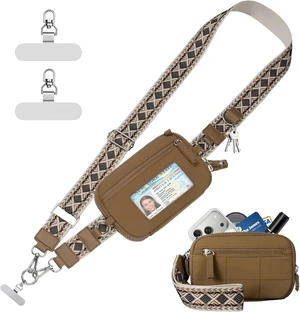 Clip and Go Strap for Phone with Wallet Crossbody Phone Lanyard with Anti-Theft Zipper Pouch Detachable Quilted Wrist Wallet with RFID and ID Window for Daily Travel. Brown Large Clip and Go Strap for Phone with Wallet Crossbody Phone Lanyard with Anti-Theft Zipper Pouch Detachable Quilted Wrist Wallet with RFID and ID Window for Daily Travel. Brown Large