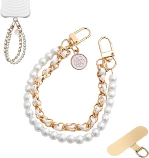 Luxury Pearl Leather Phone Lanyard Korean Designer Double Chain Wrist Strap with Stainless Steel Spacer 10.24 Inch White Luxury Pearl Leather Phone Lanyard Korean Designer Double Chain Wrist Strap with Stainless Steel Spacer 10.24 Inch White