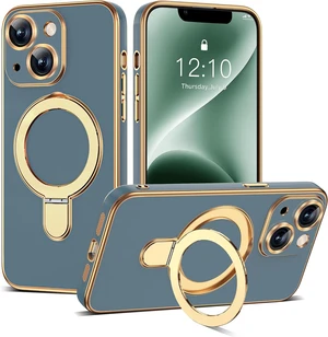 Plating Phone Case for iPhone 14 with Stand 6.1 Grey Blue Plating Phone Case for iPhone 14 with Stand 6.1 Grey Blue