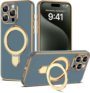 Plating Phone Case for iPhone 15 Pro with Stand 6.1 Grey Blue Plating Phone Case for iPhone 15 Pro with Stand 6.1 Grey Blue