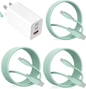 65W USB C Fast Charger 3-Port PD Charger 3 Cables Green 65W USB C Fast Charger 3-Port PD Charger 3 Cables Green