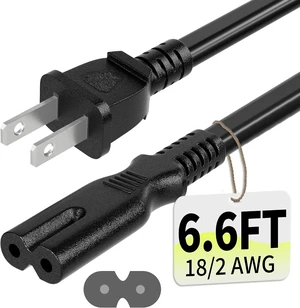 Universal 6.6ft(2m) Power Cord 2-Prong Pure Copper ETL Black Universal 6.6ft(2m) Power Cord 2-Prong Pure Copper ETL Black