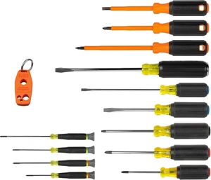 Klein Tools 85814 14-Piece Screwdriver Set 4 Precision 5 Standard Drivers with Color-Coded Handles 3 Insulated Screwdrivers 1 Demolition Driver and Magnetizer Klein Tools 85814 14-Piece Screwdriver Set 4 Precision 5 Standard Drivers with Color-Coded Handles 3 Insulated Screwdrivers 1 Demolition Driver and Magnetizer