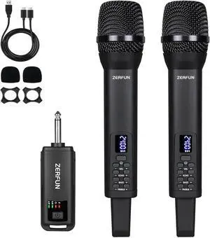 Dual Rechargeable Wireless Microphones, Pro Handheld Cordless Mics System with Echo Treble BASS VOL Control for Karaoke Singing Church Party, 1/4'' Output, Black Dual Rechargeable Wireless Microphones, Pro Handheld Cordless Mics System with Echo Treble BASS VOL Control for Karaoke Singing Church Party, 1/4'' Output, Black