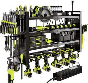 NattyDot Cordless Power Tool Organizer Wall Mount, 6 Drill Holders, Black | Four-tier charging rack holds six cordless drills plus a grinder; shelves keep batteries, chargers and accessories organized NattyDot Cordless Power Tool Organizer Wall Mount, 6 Drill Holders, Black | Four-tier charging rack holds six cordless drills plus a grinder; shelves keep batteries, chargers and accessories organized