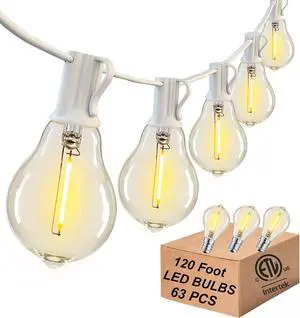 White Outdoor String Lights 120FT Waterproof Lighting for Patio Wedding | 2FT Bulbs Spacing,120FT Connectable White Outdoor Lights with 63 Plastic Dimmable LED Bulbs for Garden Bistro Balcony Party White Outdoor String Lights 120FT Waterproof Lighting for Patio Wedding | 2FT Bulbs Spacing,120FT Connectable White Outdoor Lights with 63 Plastic Dimmable LED Bulbs for Garden Bistro Balcony Party