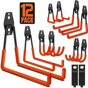 Garage Hooks, 12 Pack Wall Storage Hanger with 2 Extension Cord Straps, Heavy Duty Tool Holder for Utilities Organization, Wall Mount Rack for Garden Lawn Tools, Ladders, Bike, Ski (Orange) Garage Hooks, 12 Pack Wall Storage Hanger with 2 Extension Cord Straps, Heavy Duty Tool Holder for Utilities Organization, Wall Mount Rack for Garden Lawn Tools, Ladders, Bike, Ski (Orange)