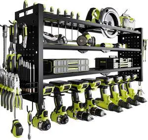 NattyDot Power Tool Drill Holder Wall Mount, 4Tier Garage Organizer, Black | 4-tier Utility Rack Stores 8 Cordless Drills, Batteries and Accessories while Freeing Extra Garage Wall Storage Space NattyDot Power Tool Drill Holder Wall Mount, 4Tier Garage Organizer, Black | 4-tier Utility Rack Stores 8 Cordless Drills, Batteries and Accessories while Freeing Extra Garage Wall Storage Space