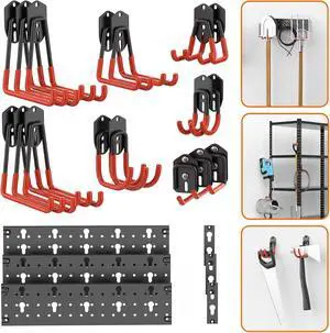 TORACK 24 PCS Garage Storage Hooks with Tracks, Wall Mount Tool Organizer for Garden Tools, Ladders, Cords, Folding Chairs, Shovels and Rakes, Shelving Hooks for Keyhole Style Shelving Units TORACK 24 PCS Garage Storage Hooks with Tracks, Wall Mount Tool Organizer for Garden Tools, Ladders, Cords, Folding Chairs, Shovels and Rakes, Shelving Hooks for Keyhole Style Shelving Units