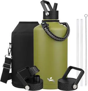 Konokyo 128 oz Insulated Stainless Steel Water Bottle Jug with Handle | BPA-free, leak-proof water jug with 3 lids, pouch and paracord handle for gym, work, camping & outdoor hydration, ForestGreen Konokyo 128 oz Insulated Stainless Steel Water Bottle Jug with Handle | BPA-free, leak-proof water jug with 3 lids, pouch and paracord handle for gym, work, camping & outdoor hydration, ForestGreen