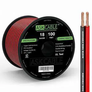 Askcable 18 Gauge Wire, 18 AWG Electrical Wire Cable, 2 Conductors Red Black Wire, Copper Clad Aluminum(CCA) Flexible PVC Extension Cord for Speaker, Hookup LED Strips, Automotive 12V/24V DC (100FT) Askcable 18 Gauge Wire, 18 AWG Electrical Wire Cable, 2 Conductors Red Black Wire, Copper Clad Aluminum(CCA) Flexible PVC Extension Cord for Speaker, Hookup LED Strips, Automotive 12V/24V DC (100FT)