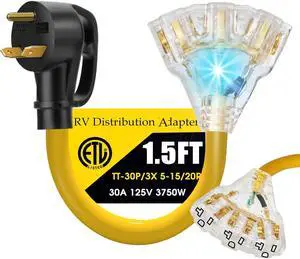 30 Amp to 20 Amp 110V RV Distribution Adapter Cord, NEMA TT-30P Male to 3X 5-15R/5-20R T-Blade Household Outlet Female with LED Power Indicator, ETL Listed (1.5FT) 30 Amp to 20 Amp 110V RV Distribution Adapter Cord, NEMA TT-30P Male to 3X 5-15R/5-20R T-Blade Household Outlet Female with LED Power Indicator, ETL Listed (1.5FT)