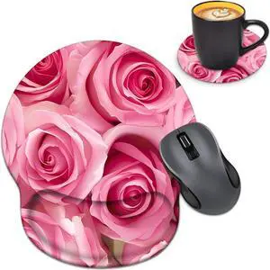 Ergonomic Mouse Pad Wrist Support with Coasters Set, Cute Large Wrist Rest Pad with Non-Slip PU Base for Laptop Computer Home Office Working Gaming Pain Relief, Pink Roses Ergonomic Mouse Pad Wrist Support with Coasters Set, Cute Large Wrist Rest Pad with Non-Slip PU Base for Laptop Computer Home Office Working Gaming Pain Relief, Pink Roses
