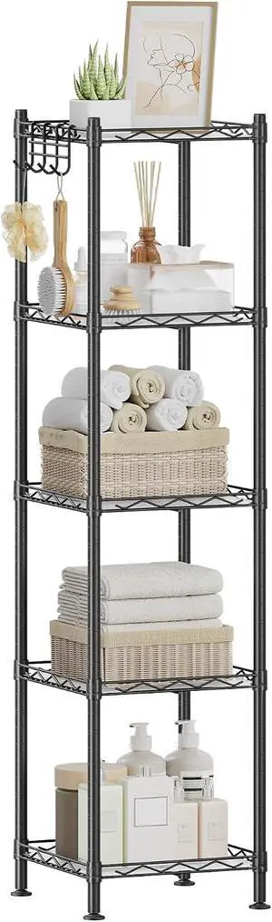 SONGMICS Storage Shelf, Bathroom Shelf, 5 Tier, Ink Black | Small space storage rack, with 5 PP shelf liners, removable hook, extendable design, Translucent, ULGR23BK SONGMICS Storage Shelf, Bathroom Shelf, 5 Tier, Ink Black | Small space storage rack, with 5 PP shelf liners, removable hook, extendable design, Translucent, ULGR23BK