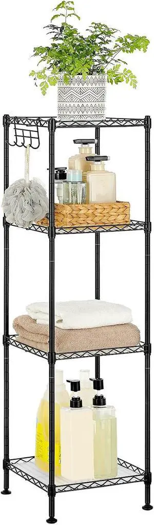 SONGMICS Storage Shelf, Bathroom Shelf for Small Space, 4 Tier | Storage rack for small space, 4 PP shelf liners, removable hook, extendable design, Ink Black and Translucent, ULGR104B01 SONGMICS Storage Shelf, Bathroom Shelf for Small Space, 4 Tier | Storage rack for small space, 4 PP shelf liners, removable hook, extendable design, Ink Black and Translucent, ULGR104B01