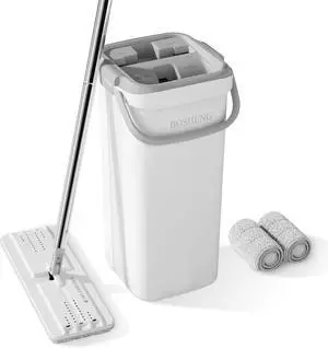 BOSHENG Mop and Bucket Set, Flat Mops for Floor Cleaning, Wall Mop with 60" Extensible Handle, Hardwood Floor Mop with 2 Microfiber Pads BOSHENG Mop and Bucket Set, Flat Mops for Floor Cleaning, Wall Mop with 60" Extensible Handle, Hardwood Floor Mop with 2 Microfiber Pads