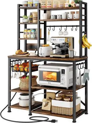 SNTD 6-Tier Bakers Rack with Power Outlets, 36 x 14.6 x 72 in, Rustic Brown | Large Capacity for Small Appliances, Stable Metal Frame with Wood Shelves, Pull-Out Basket, 14 Hooks SNTD 6-Tier Bakers Rack with Power Outlets, 36 x 14.6 x 72 in, Rustic Brown | Large Capacity for Small Appliances, Stable Metal Frame with Wood Shelves, Pull-Out Basket, 14 Hooks