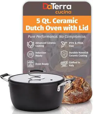 DaTerra Cucina Nonstick Ceramic Dutch Oven Pot w/Lid, Oven Safe Pot, 5Qt | Italian Crafted Cookware, PTFE & PFOA Free, Aluminum Core, Dual Handles, Even Heating, Induction Compatible, Easy Cleanup DaTerra Cucina Nonstick Ceramic Dutch Oven Pot w/Lid, Oven Safe Pot, 5Qt | Italian Crafted Cookware, PTFE & PFOA Free, Aluminum Core, Dual Handles, Even Heating, Induction Compatible, Easy Cleanup