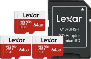 Lexar E-Series 64GB 3 PK Micro SD Card microSDXC UHS-I Flash Memory Card | 100MB/s, C10, U3, A1, V30, Full HD, 4K UHD, High Speed TF Card with Adapter Lexar E-Series 64GB 3 PK Micro SD Card microSDXC UHS-I Flash Memory Card | 100MB/s, C10, U3, A1, V30, Full HD, 4K UHD, High Speed TF Card with Adapter