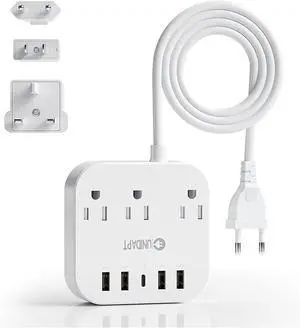European Plug Adapter, Unidapt US to UK Europe Power Strip for EU/UK/US with USB C and 4 USB Ports, 3 AC Outlets, Wall Mountable, 5ft Extension Cord, for Travel Cruise Ship Home European Plug Adapter, Unidapt US to UK Europe Power Strip for EU/UK/US with USB C and 4 USB Ports, 3 AC Outlets, Wall Mountable, 5ft Extension Cord, for Travel Cruise Ship Home