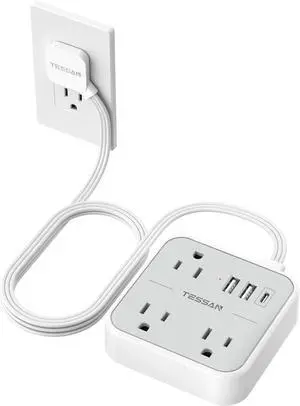 TESSAN Ultra Thin Flat Extension Cord 5 FT | Slim Power Strip with USB Ports (1 USB C), Surge Protector, Flat Plug Wall Charger, 3 Outlets TESSAN Ultra Thin Flat Extension Cord 5 FT | Slim Power Strip with USB Ports (1 USB C), Surge Protector, Flat Plug Wall Charger, 3 Outlets