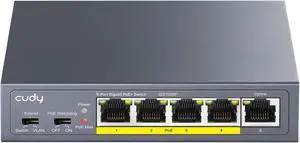 Cudy 5 Port Gigabit PoE+ Unmanaged Switch, 4 PoE 60W, Metal, GS1005P | 4x GbE 802.3af/at 30W, 1x GbE upstream, 10 Gbps capacity, port isolation/250m mode, watchdog, SPCC body, tabletop/wall Cudy 5 Port Gigabit PoE+ Unmanaged Switch, 4 PoE 60W, Metal, GS1005P | 4x GbE 802.3af/at 30W, 1x GbE upstream, 10 Gbps capacity, port isolation/250m mode, watchdog, SPCC body, tabletop/wall