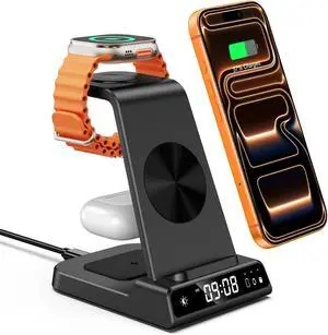 Wireless Charger for iPhone 17/16/15/14/13/12/11/X Series | 3-in-1 Charging Station with Clock, for Apple Watch Watch 11/10/9/8/7/6/5, Adapter Not Included Wireless Charger for iPhone 17/16/15/14/13/12/11/X Series | 3-in-1 Charging Station with Clock, for Apple Watch Watch 11/10/9/8/7/6/5, Adapter Not Included