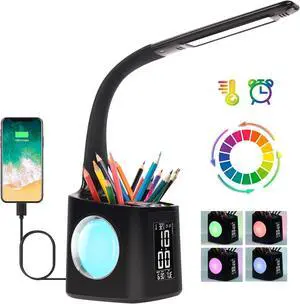 LED Desk Lamp with Clock,Color Changing Nightlight,Study Lamp with Pen Holder,Desk Light with USB Charger,Table Light for Home,Office,Gift for Kids,Students,Women,Black LED Desk Lamp with Clock,Color Changing Nightlight,Study Lamp with Pen Holder,Desk Light with USB Charger,Table Light for Home,Office,Gift for Kids,Students,Women,Black