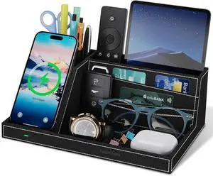 TopMade Wireless Charger Desk Nightstand Organizer, Leather Pen Holder Office Supplies Desk Accessories Fast Charging Station, Remote Control Holder, for iphone Charger Stand Gifts for Men (Black) TopMade Wireless Charger Desk Nightstand Organizer, Leather Pen Holder Office Supplies Desk Accessories Fast Charging Station, Remote Control Holder, for iphone Charger Stand Gifts for Men (Black)